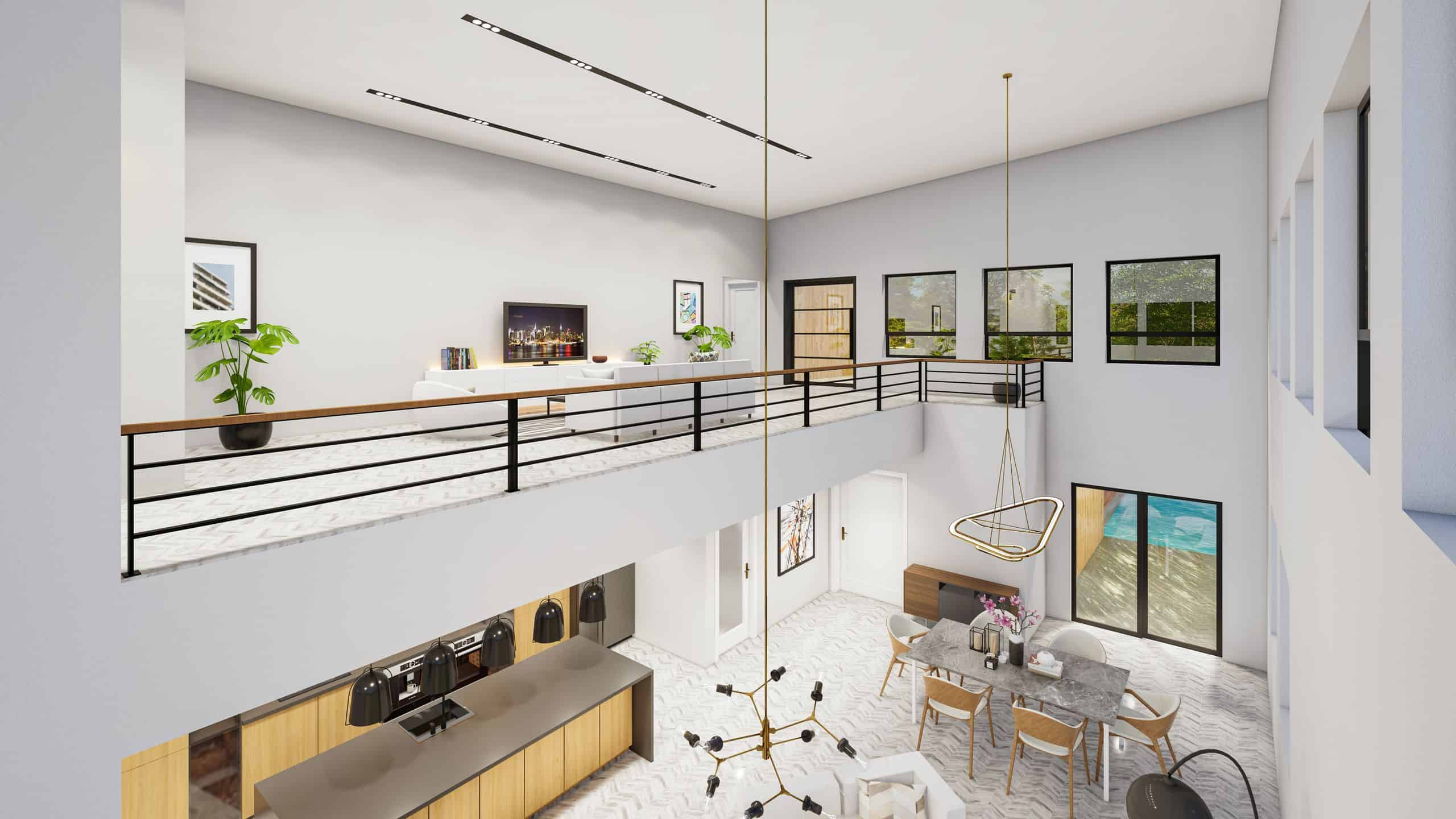 Spacious modern home interior with minimalist design and open balcony view.